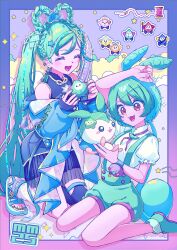 2girls :d animal_ears aqua_hair aqua_nails arm_up bare_shoulders blue_jacket blue_skirt blue_thighhighs blush braid braided_hair_rings closed_eyes glowing green_hair green_shorts hair_rings hatsune_miku highres jacket long_hair magical_mirai_(vocaloid) magical_mirai_miku magical_mirai_miku_(2025) moromoimaru multiple_girls neck_ribbon off_shoulder open_clothes open_jacket open_mouth pink_ribbon pleated_skirt ribbon shirt short_sleeves shorts sitting skirt sleeveless sleeveless_shirt smile star_(symbol) suspender_shorts suspenders thighhighs twintails very_long_hair vocaloid voicevox wariza white_shirt zundamon