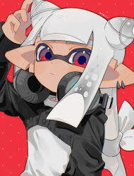 1girl black_jacket blunt_bangs blush closed_mouth dot_nose earrings hand_on_own_horn headphones headphones_around_neck highres inkling_girl inkling_player_character jacket jewelry light_frown long_sleeves looking_at_viewer nintendo red_background red_eyes sabata_saba shirt small_horns solo splatoon_(series) tagme upper_body white_hair white_shirt