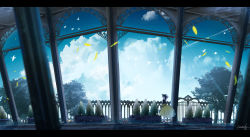 1girl amatsuki_rei animal arch architecture arm_up armpits bare_arms bare_shoulders belt bird black_hair black_shirt blue_sky blurry bush cloud cloudy_sky commentary_request day falling_leaves female_focus hand_on_headwear hat highres leaf letterboxed long_hair long_skirt original outdoors plant scenery shirt signature skirt sky sleeveless sleeveless_shirt solo standing sun_hat wide_shot yellow_skirt