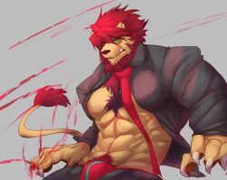 1boy abs animal_ears bara black_shirt bulge claws closed_mouth fang fang_out furrification furry furry_male glasses highres istani kekkai_sensen klaus_von_reinhertz lion_boy lion_ears lion_mane lion_tail male_focus male_underwear muscular muscular_male necktie open_clothes open_pants open_shirt pants pawpads pectorals red_male_underwear red_necktie shirt tail underwear