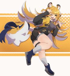 1girl absurdres animal_ears artist_request ass blonde_hair boots bow breasts cropped_jacket elbow_gloves fingerless_gloves from_side gloves green_eyes highres ju_fufu leaning leaning_forward long_hair looking_at_viewer one_eye_closed open_mouth paw_pose short_shorts shorts smile solo tail tail_bow tail_ornament thick_thighs thigh_strap thighs tiger_ears tiger_girl tiger_tail very_long_hair wink zenless_zone_zero