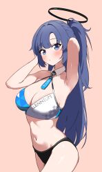 Rule 34 | 1girl, absurdres, alternate costume, arm up, armpits, black halo, black panties, blue archive, blush, breasts, cleavage, closed mouth, commentary request, halo, hand in own hair, highres, large breasts, long hair, looking at viewer, millennium cheerleader outfit (blue archive), navel, official alternate hairstyle, oreothecream, panties, partial commentary, ponytail, purple eyes, purple hair, solo, sports bra, sweat, underwear, white sports bra, yuuka (blue archive)