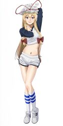 1girl alternate_costume arm_behind_head blonde_hair blue_shirt breasts dated full_body hair_between_eyes hair_ribbon hand_on_own_neck hat highres long_hair long_sleeves looking_at_viewer mature_female medium_breasts mob_cap navel open_mouth purple_eyes ransyamaaa96818 ribbon shirt shoes shorts signature smile sneakers socks solo striped_clothes striped_socks teeth touhou two-tone_shirt upper_teeth_only very_long_hair white_background white_shirt white_shorts white_socks yakumo_ran