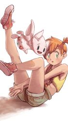 1girl :o blush commentary_request eyelashes game_freak gen_2_pokemon green_eyes green_shorts highres jjfsantos legs misty_(pokemon) nintendo one_side_up orange_hair own_hands_together pokemon pokemon_(anime) pokemon_(classic_anime) pokemon_(creature) shirt shoes shorts sleeveless sleeveless_shirt suspenders togetic yellow_shirt