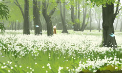 Rule 34 | 1girl, 1other, ambiguous gender, antlers, artist name, brown coat, coat, day, field, flower, flower field, forest, grass, horns, huhv., nature, original, outdoors, scenery, solo, standing, tree, white flower