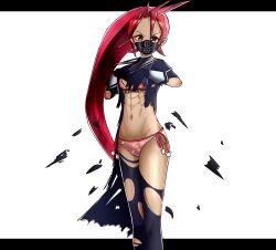 Rule 34 | 1girl, abs, angry, artist request, blush, bodysuit, bodysuit under clothes, bra, breasts, capcom, cleavage, covering breasts, covering privates, delinquent, embarrassed, female focus, gloves, hands up, himezaki aoi, humiliation, justice gakuen, legs, legs together, long hair, long sleeves, looking at viewer, matching underwear, medium breasts, midriff, moero! justice gakuen, navel, panties, parted bangs, pink bra, pink panties, ponytail, purple eyes, red hair, sailor collar, side-tie panties, sidelocks, simple background, spiked hair, standing, thighs, torn bodysuit, torn clothes, tsundere, underwear, v-shaped eyebrows, very long hair, wardrobe malfunction, white background