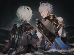 2boys anaxa_(honkai:_star_rail) aqua_hair back closed_eyes fz7047 grey_hair highres honkai:_star_rail honkai_(series) male_focus medium_hair multiple_boys ocean open_mouth phainon_(honkai:_star_rail) short_hair side_ponytail smile teeth translation_request upper_teeth_only