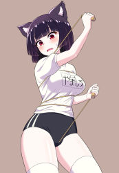 Rule 34 | 1girl, alternate costume, animal ears, azur lane, between legs, black buruma, black hair, blunt bangs, blush, breasts, buruma, cameltoe, cat ears, clothes writing, fang, female focus, gym uniform, highres, jump rope, kanabuso, large breasts, looking back, open mouth, red eyes, shirt, short hair, simple background, solo, sweatdrop, taut clothes, taut shirt, thighhighs, white shirt, white thighhighs, yamashiro (azur lane), you&#039;re doing it wrong