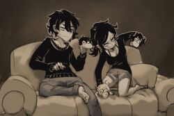1boy 1girl andrew_graves ashley_graves black_hair breasts brother_and_sister choker clenched_teeth couch couple grimace highres imminent_punch medium_breasts medium_hair monochrome palzden pink_eyes siblings sock_puppet spot_color teeth the_coffin_of_andy_and_leyley worried