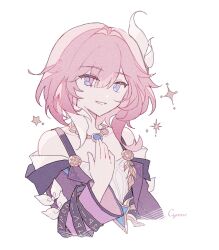 1girl character_name coat commentary cropped_torso cyrene_(honkai:_star_rail) dress hair_ornament highres honkai:_star_rail honkai_(series) jewelry medium_hair multicolored_hair necklace parted_lips pink_hair purple_coat simple_background sindo_0 smile solo symbol-only_commentary two-tone_hair white_background white_dress white_hair