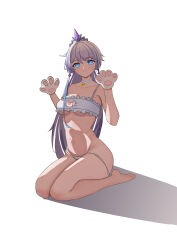 1girl absurdres animal_hands barefoot bell blue_eyes bra breasts cat_cutout chinese_commentary clothing_cutout commentary_request cq33 feet gloves highres honkai_(series) honkai_impact_3rd kiana_kaslana long_hair medium_breasts navel neck_bell panties paw_gloves ponytail seiza shadow simple_background sitting soles solo stomach tiara underboob underwear white_background white_bra white_hair white_panties