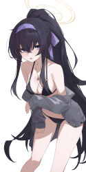 1girl absurdres bare_shoulders bikini black_bikini black_hair blue_archive blue_eyes blush breasts collarbone grey_sweater hairband halo highres jewelry long_hair long_sleeves looking_at_viewer necklace open_clothes open_mouth ponytail sidelocks small_breasts solo sukaliya sweater swimsuit thighs ui_(blue_archive) ui_(swimsuit)_(blue_archive) very_long_hair