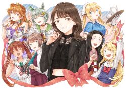 6+girls animal_ears arm_up black_hair black_jacket blend_s blonde_hair blue_eyes blue_shirt bow breasts brown_eyes brown_hair choker cleavage closed_eyes collared_shirt commentary_request crossover dress ear_covers fang flower gloves hair_between_eyes hair_flower hair_ornament hair_ribbon headscarf himesaka_noa hinata_kaho holding holding_tray horse_ears horse_girl jacket japanese_clothes kamado_nezuko kantai_collection kazagumo_(kancolle) kimetsu_no_yaiba kitou_akari konoe_kanata libeccio_(kancolle) long_hair long_sleeves looking_at_viewer love_live! love_live!_nijigasaki_high_school_idol_club miroku_san-ju multiple_crossover multiple_girls neckerchief one_eye_closed open_clothes open_jacket open_mouth pink_eyes pink_ribbon ponytail real_life red_bow red_choker ribbon sailor_collar sailor_dress sash seiun_sky_(umamusume) shirt short_hair short_sleeves single_ear_cover sleeveless teapot tray twintails umamusume voice_actor voice_actor_connection watashi_ni_tenshi_ga_maiorita! white_gloves white_headscarf white_sailor_collar white_shirt