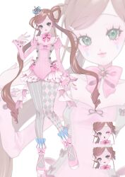 1girl bow brown_hair green_eyes leotard pink_bow pink_leotard pink_shoes shoes