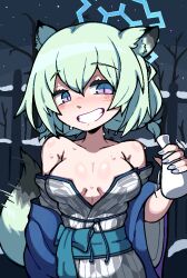 1girl animal_ears average-hanzo bare_shoulders bath_yukata blue_archive blue_halo breasts green_hair grey_kimono grin hair_between_eyes halo japanese_clothes kimono large_breasts long_sleeves looking_at_viewer night purple_eyes shigure_(blue_archive) shigure_(hot_spring)_(blue_archive) smile solo tail tokkuri weasel_ears weasel_girl weasel_tail wide_sleeves yukata