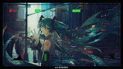 1girl absurdres aqua_hair artist_name bare_shoulders blurry blurry_background city detached_sleeves floating_hair green_eyes grey_shirt hair_ornament hand_up hatsune_miku headset highres long_hair long_sleeves looking_at_viewer mango_(user_yerz4848) outdoors shirt sleeveless sleeveless_shirt solo twintails upper_body very_long_hair viewfinder vocaloid