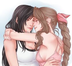 2girls aerith_gainsborough arms_around_neck bare_shoulders black_bra black_hair bra braid braided_ponytail breasts brown_hair cleavage closed_eyes crylin6 dress final_fantasy final_fantasy_vii final_fantasy_vii_rebirth final_fantasy_vii_remake hair_ribbon hug large_breasts long_hair medium_breasts multiple_girls noses_touching one_eye_closed parted_bangs parted_lips pink_dress pink_ribbon red_eyes ribbon shirt sideboob sidelocks single_braid sleeveless sleeveless_dress sleeveless_shirt smile sports_bra tifa_lockhart underwear upper_body white_shirt yuri