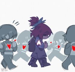 1girl 2025 4others backpack bag black_bag black_boots boots colored_skin commentary deltarune english_commentary furry furry_female half_updo heart highres looking_down multiple_others purple_hair purple_skin seb_sketches signature susie_(deltarune) walking