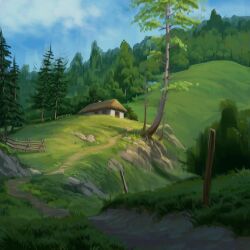 blue_sky day grass highres house landscape ndaranyan no_humans original outdoors path road sky tree