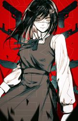 1girl akm arms_at_sides assault_rifle beretta_92 black_hair brown_eyes chainsaw_man collared_shirt cowboy_shot dress facial_scar grey_dress gun hair_between_eyes handgun hatching_(texture) highres kalashnikov_rifle kou_jia limited_palette long_sleeves looking_at_viewer medium_hair neck_ribbon pinafore_dress red_background ribbon rifle ringed_eyes scar scar_on_cheek scar_on_face shirt simple_background sleeveless sleeveless_dress smile solo standing weapon white_shirt yoru_(chainsaw_man)