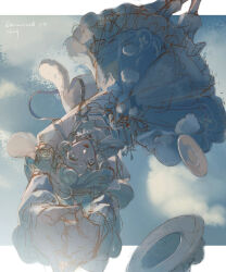 1girl animal_ears arms_up bloomers blue_bow blue_bowtie blue_dress blue_eyes blue_hair blue_sky border bow bowtie bright_pupils character_name cinnamoroll cloud curly_hair dated dog_ears dress eyelashes feet_out_of_frame floppy_ears frilled_dress frilled_sleeves frills fuwa_fuwa_cinnamoroll hair_between_eyes hat hat_loss highres layered_dress letterboxed lipstick lolita_fashion long_hair long_sleeves looking_at_viewer makeup medium_dress open_mouth outside_border own_hands_together personification pink_lips plate pom_pom_(clothes) puffy_long_sleeves puffy_sleeves sanrio signature sketch sky sleeves_past_wrists smile solo stars_zhangzhang underwear upside-down white_bloomers white_border white_dress white_hat white_pupils