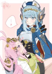 ... 2girls age_difference aino_(genshin_impact) android antenna_hair bangs_pinned_back black_dress blue_cape blue_eyes blue_hair blue_hat border breasts bright_pupils cape closed_mouth couple criss-cross_halter cutout_above_navel dress eye_contact farl_g forehead genshin_impact green_shirt hair_ornament hairband halterneck hand_on_another&#039;s_head hashtag-only_commentary hat headpat heart heart_hair_ornament highres ineffa_(genshin_impact) jacket joints lap_pillow light_blush light_smile long_hair looking_at_another mechanical_arms mechanical_hands mechanical_legs medium_breasts multiple_girls onee-loli open_clothes open_jacket pink_background pink_hair profile purple_eyes robot_ears robot_joints screw shirt short_dress sidelocks simple_background sketch spoken_ellipsis spoken_heart triangle_hair_ornament two-tone_hat white_border white_hat white_jacket white_pupils x_hair_ornament yuri