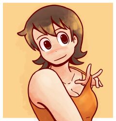 1girl aioi_yuuko bare_shoulders blush breasts brown_hair cleavage closed_mouth collarbone dot_nose dozo_gon large_breasts looking_to_the_side nichijou orange_background orange_shirt shirt short_hair simple_background sleeveless sleeveless_shirt smile solo strap_pull upper_body v
