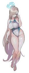 1girl absurdres alternate_costume asuna_(blue_archive) blonde_hair blue_archive blue_halo breasts covered_navel full_body hair_over_one_eye halo highres large_breasts leehwa long_hair one-piece_swimsuit simple_background solo swimsuit white_background