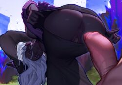 1boy 1girl anus ass ass_cutout bent_over black_skin clothing_cutout colored_skin dark-skinned_female dark_skin dress elden_ring elden_ring_nightreign erection harsh-mallowz hat huge_ass imminent_anal imminent_penetration large_hat looking_back maebari penis recluse_(elden_ring) very_dark_skin white_hair witch_hat
