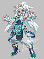 Rule 34 | 1boy, :o, blue hairband, blue shirt, blue shoes, cropped jacket, detached sleeves, fingerless gloves, full body, fur-trimmed jacket, fur trim, gloves, grey background, grey jacket, grey pants, grey sleeves, hair intakes, hairband, highres, humanization, jacket, kamota (momokomati), long hair, looking at viewer, open mouth, pants, shirt, shoes, silver the hedgehog, simple background, solo, sonic (series), standing, white gloves, white hair, yellow eyes