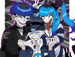 1girl 2boys amemiya_darumi black_bow black_collar black_hair blue_eyes blue_hair blue_jacket bobby_pin bow clenched_teeth closed_eyes collar commentary_request earrings eyepatch facial_mark furukawa_(yomawari) grin haori highres holding_another&#039;s_wrist jacket japanese_clothes jewelry long_hair maruko_gaku multicolored_hair multiple_boys omokage_yugamu open_clothes open_jacket piercing pleated_skirt print_shirt red_collar shirt short_hair skirt smile striped_clothes striped_shirt sweat teeth the_hundred_line_-last_defense_academy- thumbs_down tongue tongue_out twintails twitter_username two-tone_hair upper_body very_short_hair w white_shirt