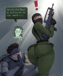 Rule 34 | !, 1girl, 2boys, absurdres, ass, assault rifle, balaclava, black gloves, blue eyes, blush, brown hair, bullpup, devilhs, english text, famas, fingerless gloves, glasses, gloves, green pants, green shirt, grey headband, gun, headband, highres, holding, holding gun, holding weapon, looking at another, looking at ass, looking back, meryl silverburgh, metal gear (series), metal gear solid, multiple boys, one eye closed, own hands together, pants, pantylines, rifle, shirt, short hair, signature, solid snake, speech bubble, squatting, weapon, weapon request