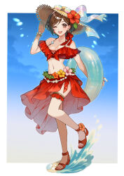 1girl absurdres beach benisaki border bracelet breasts brown_eyes brown_hair cleavage collarbone commentary earrings flower full_body hair_ornament happy hat hat_flower highres innertube jewelry looking_at_viewer meiko_(vocaloid) midriff multiple_bracelets nail_polish navel one_eye_closed open_mouth sandals sarong shell short_hair skirt smile solo standing standing_on_one_leg straw_hat sun_hat sunglasses swim_ring swimsuit thigh_strap toenail_polish toenails vocaloid white_border