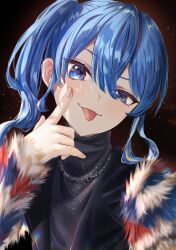 1girl :p alternate_costume bibbidiba_(hololive) black_shirt blue_hair coat commentary_request fingernails fur_coat hair_between_eyes highres hololive hoshimachi_suisei jewelry medium_hair multicolored_coat necklace open_clothes open_coat partial_commentary sakurano.neko shirt side_ponytail solo star_(symbol) star_in_eye symbol_in_eye tongue tongue_out virtual_youtuber