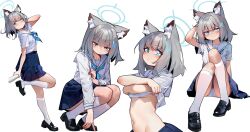 1girl absurdres alternate_costume animal_ear_fluff animal_ears black_shoes blue_archive blue_neckerchief blue_skirt blush closed_mouth cross_hair_ornament cyan_eyes grey_hair hair_ornament highres long_hair looking_at_viewer looking_down navel neckerchief painterliuhao panties pleated_skirt sailor_collar shiroko_(blue_archive) shirt shoes short_sleeves skirt socks solo squatting standing standing_on_one_leg stomach underwear undressing white_panties white_sailor_collar white_shirt white_socks wolf_ears wolf_girl