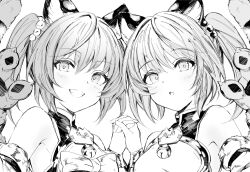 2girls animal_ears bai_(granblue_fantasy) bare_shoulders granblue_fantasy highres holding_hands huang_(granblue_fantasy) looking_at_viewer medium_hair monochrome monogrbl multiple_girls smile teeth
