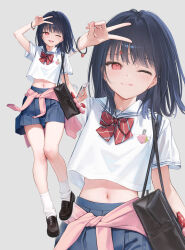 1girl bag bag_charm black_bag black_hair blue_skirt blush bracelet breasts brown_shoes cardigan cardigan_around_waist charm_(object) closed_mouth clothes_around_waist food-themed_hair_ornament gyaru hair_ornament hairclip highres ichigo_(mignon) jewelry kogal loafers looking_at_viewer loose_socks medium_hair mignon naughty_face navel one_eye_closed open_mouth original pink_cardigan pleated_skirt red_eyes sailor_collar school_bag school_uniform shirt shoes short_sleeves shoulder_bag skirt small_breasts smile socks solo stomach strawberry_hair_ornament tongue tongue_out v white_sailor_collar white_shirt white_socks