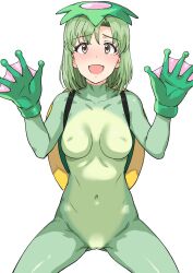 Rule 34 | 1girl, :d, blush, bodystocking, breasts, brown eyes, cameltoe, collarbone, covered navel, cowboy shot, gloves, gluteal fold, green gloves, green hair, groin, highres, idolmaster, idolmaster (classic), idolmaster stella stage, kappa, looking at viewer, medium breasts, mole, mole under eye, open mouth, shiika (idolmaster), short hair, simple background, smile, solo, standing, tsurui, white background