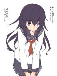 Rule 34 | 1girl, akatsuki (kancolle), black legwear, blush, commentary, cowboy shot, female focus, hair between eyes, hair over shoulder, hat, holding, holding unworn clothes, holding unworn hat, kantai collection, long hair, long sleeves, looking at viewer, neckerchief, pleated skirt, purple eyes, purple hair, red neckerchief, round teeth, school uniform, serafuku, simple background, skirt, solo, teeth, translated, unworn hat, unworn headwear, white background, yamaioni (sasakama)
