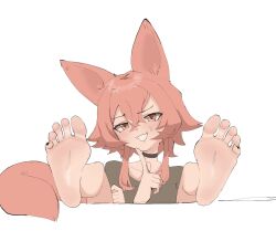 1girl animal_ears barefoot black_nails blush brown_eyes choker feet feet_up fennec_fox finger_to_own_chin foot_focus fox_ears fox_girl fox_tail highres iskra_(vanabette) nail_polish orange_hair original simple_background soles sweatdrop tail toenails toes vanabette white_background