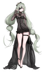 Rule 34 | 1girl, absurdres, alternate costume, bag, black bag, black bow, black dress, black nails, black shirt, black shoes, bow, braid, breasts, closed mouth, dress, earrings, fingernails, full body, grey eyes, hair bow, hand up, hashtag-only commentary, highres, holding, holding bag, jewelry, long hair, long sleeves, looking at viewer, low twin braids, medium breasts, nail polish, one eye covered, phrolova (wuthering waves), red pupils, shirt, shoes, simple background, skindentation, solo, thigh strap, thighs, twin braids, very long hair, white background, wuthering waves, youngjoo kjy