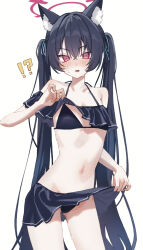 !? 1girl @_@ absurdres animal_ear_fluff animal_ears bikini bikini_skirt black_bikini black_hair blue_archive cat_ears clothes_lift extra_ears frilled_bikini frills halo highres lifting_own_clothes long_hair looking_at_viewer muo_(vewe5888) off-shoulder_bikini off_shoulder official_alternate_costume red_eyes red_halo serika_(blue_archive) serika_(swimsuit)_(blue_archive) skirt skirt_lift solo swimsuit twintails white_background