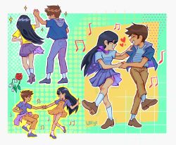 Rule 34 | 1boy, 1girl, aged down, alternate costume, artist name, black eyes, black hair, black shoes, blue jacket, blush, brown overalls, brown pants, brown shoes, closed eyes, collared shirt, dark-skinned male, dark skin, flower, hand on another&#039;s shoulder, heart, hero (faraway) (omori), hero (omori), highres, holding hands, hood, hood down, jacket, lily of the valley, long hair, looking at another, mari (faraway) (omori), mari (omori), musical note, omori, open mouth, overall skirt, overalls, pants, pleated skirt, purple skirt, red flower, red rose, rose, shirt, shoes, short hair, short sleeves, skirt, smile, socks, sparkle, t-shirt, ullilya1, white socks