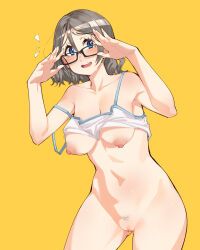 1girl abs armpits arms_up blue_eyes blush brown_hair glasses gluteal_fold hands_up looking_at_viewer loose_clothes love_live! love_live!_sunshine!! midriff navel nipples open_mouth pubic_hair pussy short_hair simple_background stomach tank_top thighs toadsterz watanabe_you