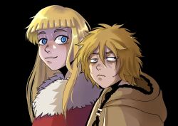 2boys black_background blonde_hair blue_eyes blunt_bangs brown_eyes canute closed_mouth eiikomae eyelashes frown fur_trim hair_between_eyes height_difference highres hood long_hair looking_at_viewer male_focus messy_hair multiple_boys prince simple_background smile thorfinn viking vinland_saga