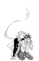 ace_attorney bad_id bad_pixiv_id catuoon crying formal_clothes godot_(ace_attorney) highres mia_fey monochrome pants phoenix_wright:_ace_attorney_-_trials_and_tribulations shirt suit vest