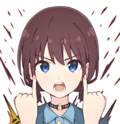 Rule 34 | 1girl, absurdres, blue eyes, blue jacket, blue shirt, choker, collared shirt, commentary request, girls band cry, hair between eyes, highres, iseri nina, jacket, light blush, looking at viewer, low twintails, medium hair, mimori (mimori 05), o-ring, o-ring choker, open mouth, pinky out, portrait, red hair, shirt, short twintails, sidelocks, solo, teeth, twintails, white background