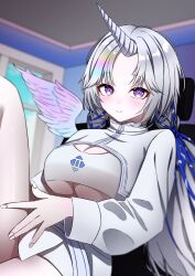 +_+ 1girl absurdres ayatsuno_yuni blue_ribbon blush breasts cleavage crop_top cropped_jacket eles01 gradient_hair gradient_wings grey_hair hair_ribbon hand_on_own_thigh hashtag-only_commentary highres horns indoors jacket knee_up large_breasts long_hair long_sleeves looking_at_viewer low_twintails multicolored_hair multicolored_wings pink_wings purple_eyes ribbon shirt single_horn sitting skirt smile solo stellive twintails underboob unicorn_girl unicorn_horn very_long_hair virtual_youtuber white_jacket white_shirt white_skirt window wings