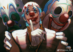 1boy blood blood_on_face blood_on_gloves blue_eyes buggy_the_clown cleft_chin clown_mask clown_nose commentary cracked_mask earrings eyelashes facepaint gloves hand_on_another&#039;s_shoulder index_finger_raised jewelry looking_up male_focus mask one_piece one_piece_(live_action) realistic solo symbol-only_commentary vamos_mk white_gloves