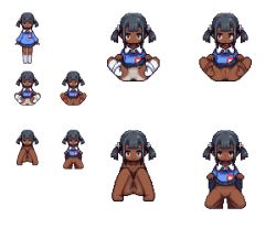 1girl barefoot bindi black_hair cleft_of_venus clothes_lift dark-skinned_female dark_skin feet female_focus flat_chest kindergarten_uniform kneeling loli no_panties omunikin original panties pixel_art pussy short_twintails skirt skirt_lift smile socks soles solo spread_legs squatting toes twintails underwear white_panties